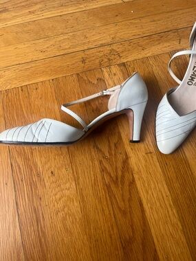 Salvatore Ferragamo White Strappy Mid-Heel Pointed-Toe Pumps with gold stitch